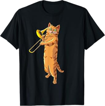 Funny Cat Playing Trombone Gift | Cool Kitten Musician Fan T-Shirt