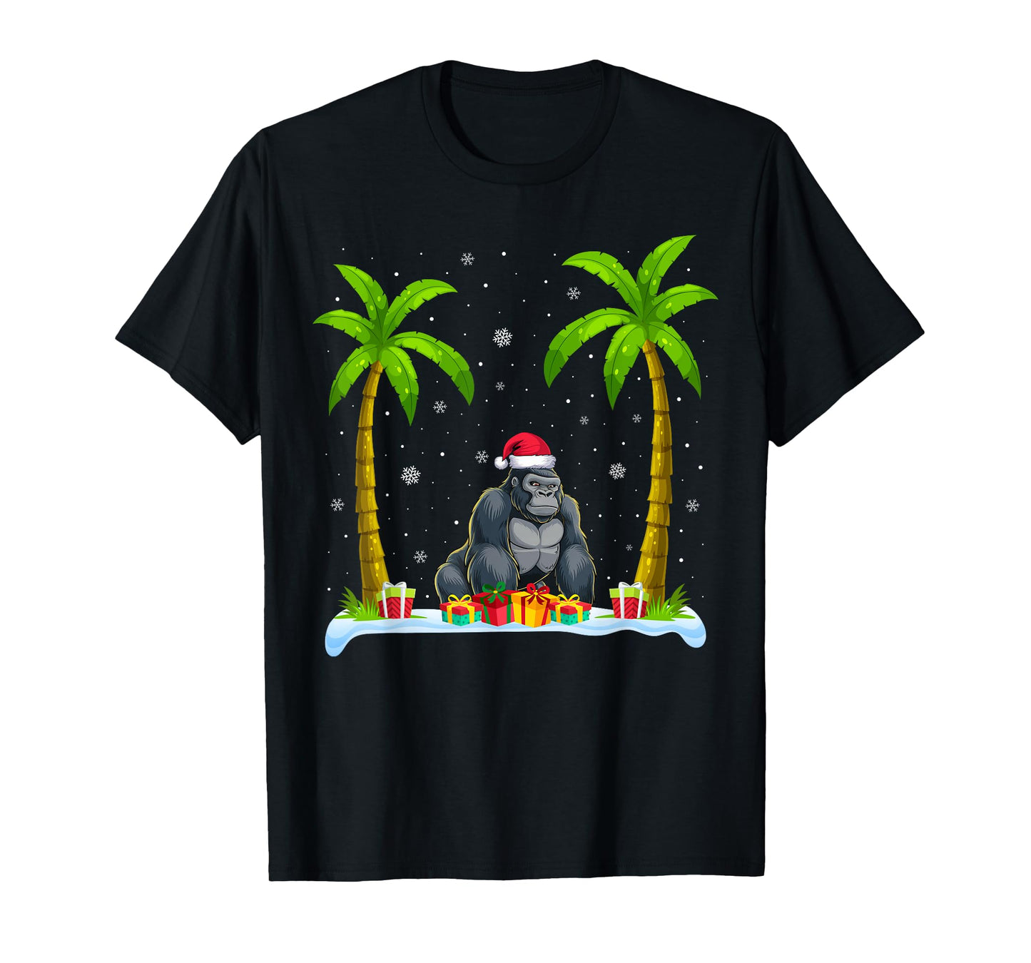Gorilla Santa Hat Palm Tree Beach Xmas Pajama T-Shirt