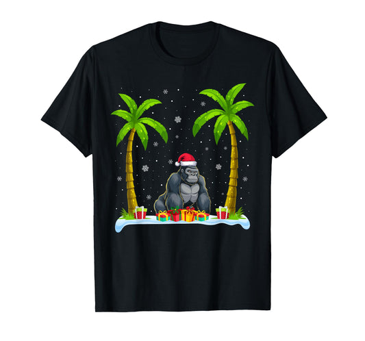 Gorilla Santa Hat Palm Tree Beach Xmas Pajama T-Shirt