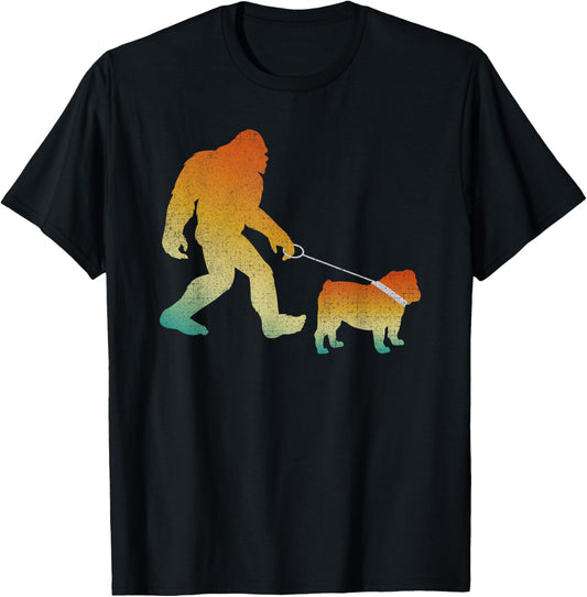 Bigfoot Walking Bulldog Funny Sasquatch Pet Dog T-Shirt