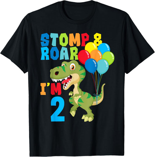 2nd Birthday Shirt For Boys Dinosaurs Stomp & Roar I'm 2 T-Shirt