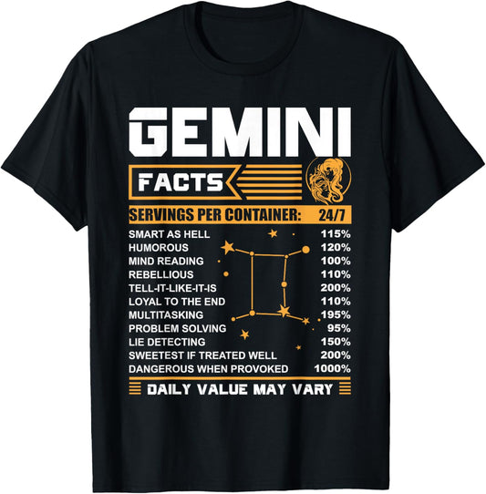 Gemini Facts Zodiac T-Shirt Funny Gemini Birthday Gifts T-Shirt