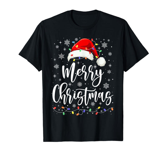Merry Christmas Lights Red Santa Hat Xmas Family Men Women T-Shirt