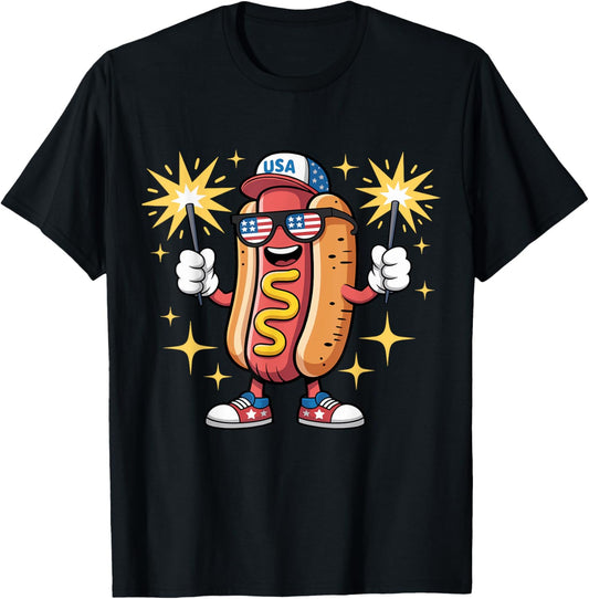4th Of July Hotdog USA Flag Fourth Of July Hot Dog Fireworks T-Shirt
