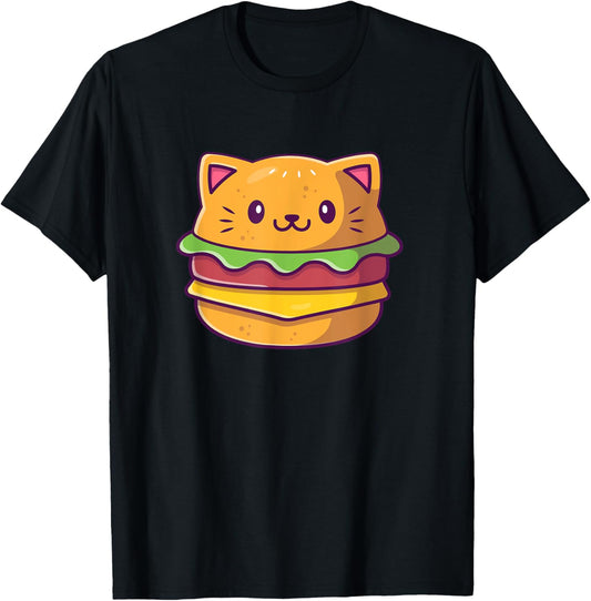 Unisex-Adults Cat-Themed T-Shirt Black Small Classic Fit Cartoon Cat & Hamburger T-Shirt
