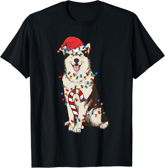 Siberian Husky Santa Christmas Lights Dog Lover Xmas Pajama T-Shirt