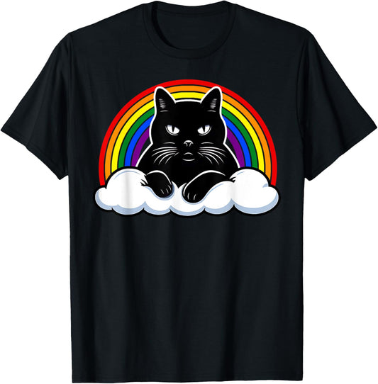 Black Cat on Cloud with Rainbow LGBTQ+ Pride T-Shirt