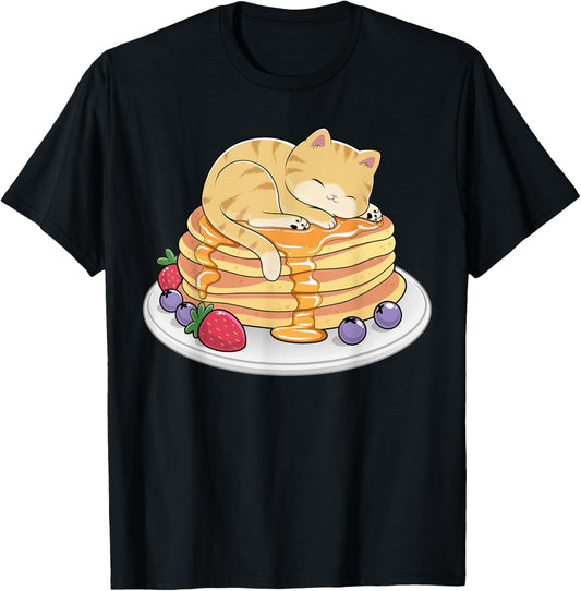 Cat Pancakes Kawaii Anime Cat Nap Funny Breakfast Kitten T-Shirt