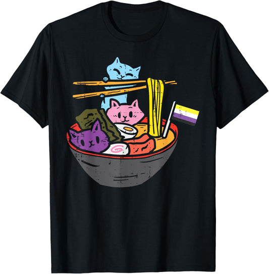 Non-Binary Flag Cats Ramen Anime NB Pride Month LGBTQ Ally T-Shirt