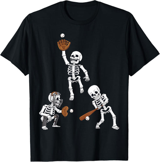 Baseball Halloween Skeletons Hitter Catcher Boys Kids Teen T-Shirt