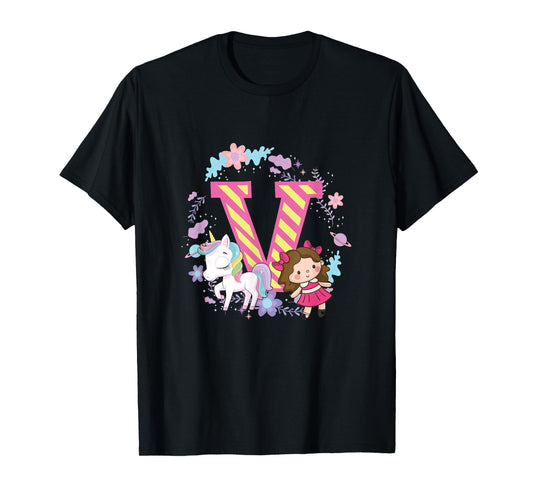 Letter V Sign Alphabet Last Name Consonants Unicorn Gift T-Shirt
