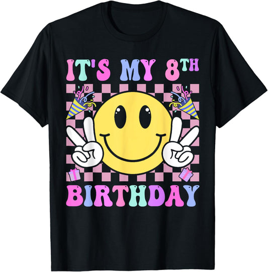 Groovy Smile Face It's My 8th Birthday Happy 8 Year T-Shirt