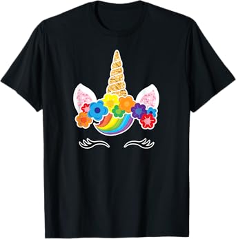 Rainbow Unicorn Face Shirt Birthday Girl Eyelashes Flowers T-Shirt