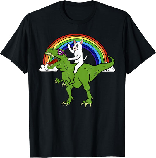 Bull Terrier Riding T Rex Dinosaur Funny Dog Gift T-Shirt for Men Women Girls Kids