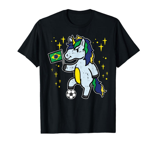 Brazil Flag Unicorn Football Soccer Fan Women Girls Kids T-Shirt