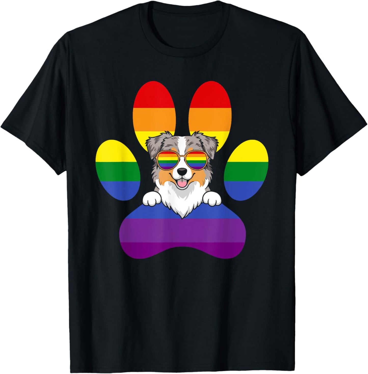 LGBT Rainbow Dog Paw Print Australian Shepherd Lesbian Gay T-Shirt