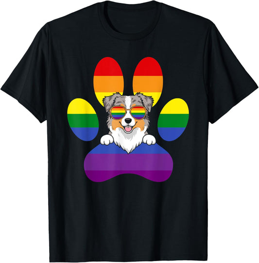 LGBT Rainbow Dog Paw Print Australian Shepherd Lesbian Gay T-Shirt