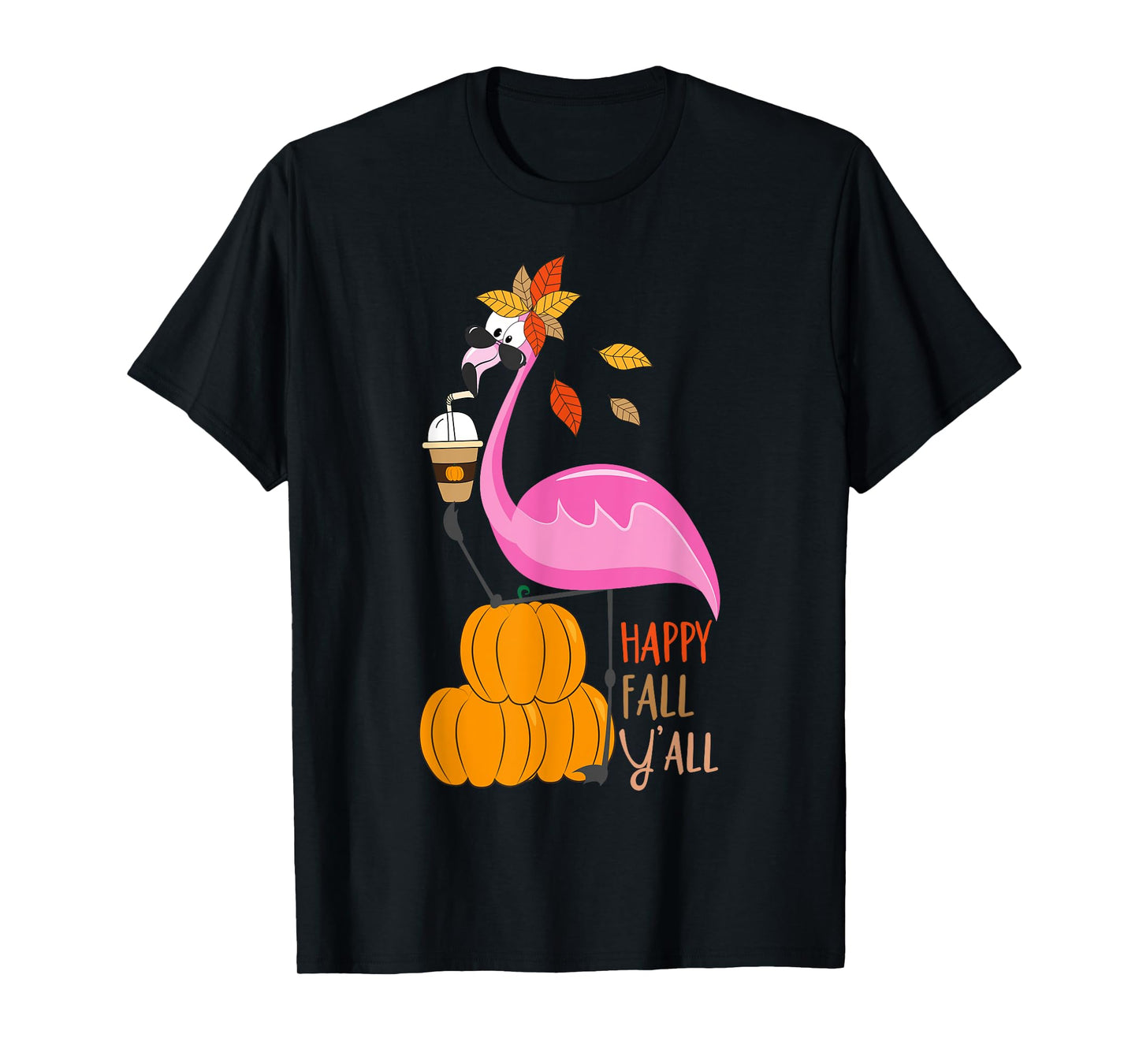 Happy Fall Y'all Pumpkin Flamingo Autumn Graphic T-Shirt