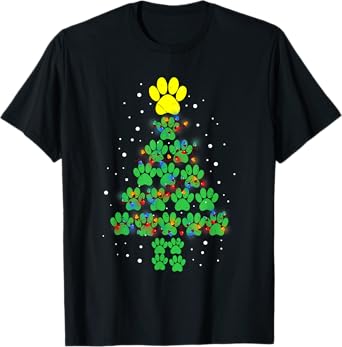 Paw Print Merry Christmas Tree Lights Dog or Cat Meow Xmas T-Shirt