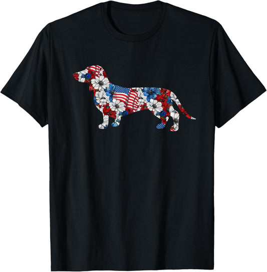 Dachshund 4th Of July Flower Weiner American Flag Patriotic T-Shirt