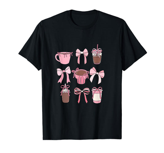 Cute Hot Iced Coffee and PInk Bows Girly Aesthetic T-Shirt
