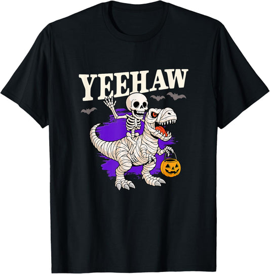 Skeleton Cowboy Riding Dino Funny Halloween T-Shirt