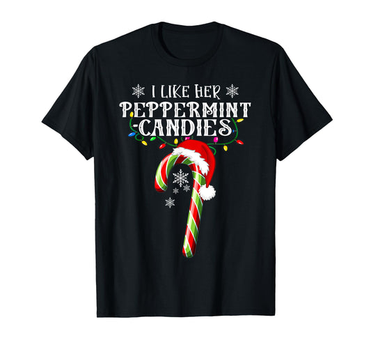 Family Christmas Happy Hallothanksmas I Like His Candy Cane I Like Her Peppermint Candies Unisex-Adults Couples Christmas Lovers Young Adults Black Small Crew Neck Modern Short Sleeve T-Shirt