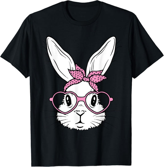Cute Bunny Rabbit Face With Bandana Heart Glasses Easter Day T-Shirt