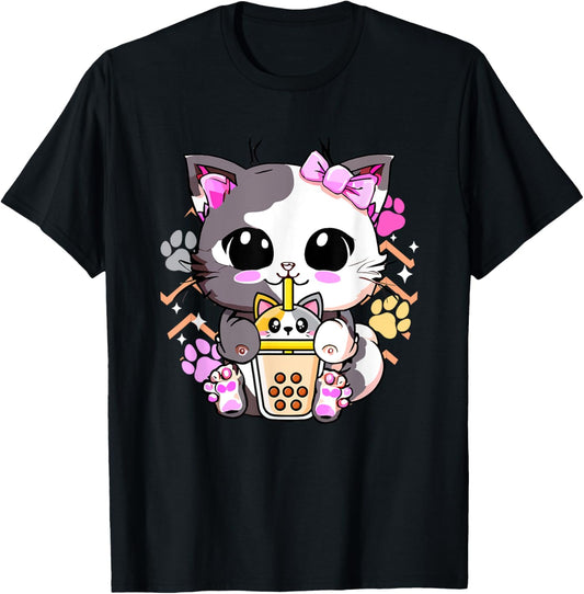 Cute Kawaii Cat Boba Bubble Milk Tea Anime Neko Kitten T-Shirt