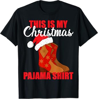 Western Christmas Cowboy Boots Santa Hat Pajama T-Shirt