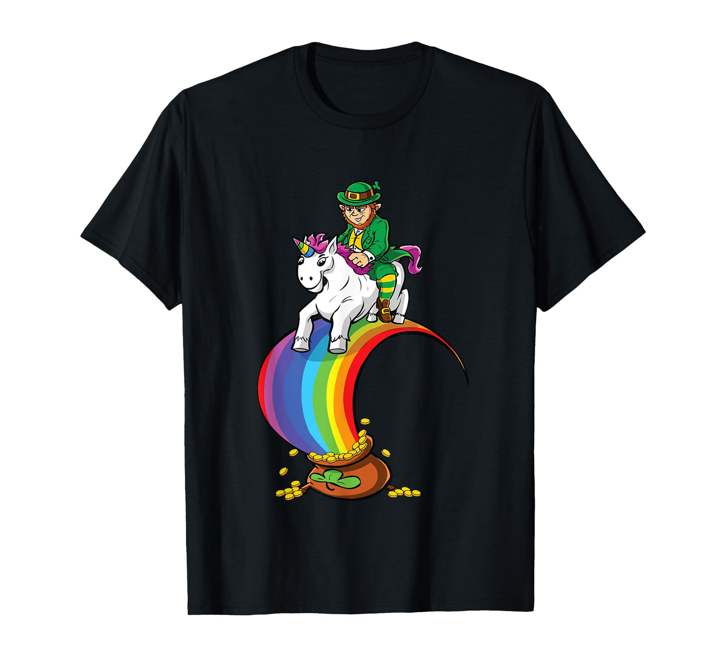 Leprechaun Riding Unicorn Over Rainbow & Pot of Gold T-Shirt