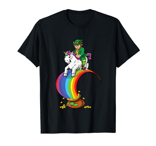 Leprechaun Riding Unicorn Over Rainbow & Pot of Gold T-Shirt
