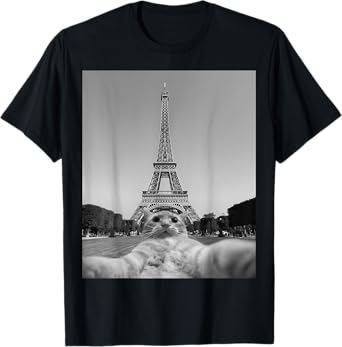 Cat Selfie Eiffel Tower Paris Funny Animal Casual Outfit Men Women Kids T-Shirt