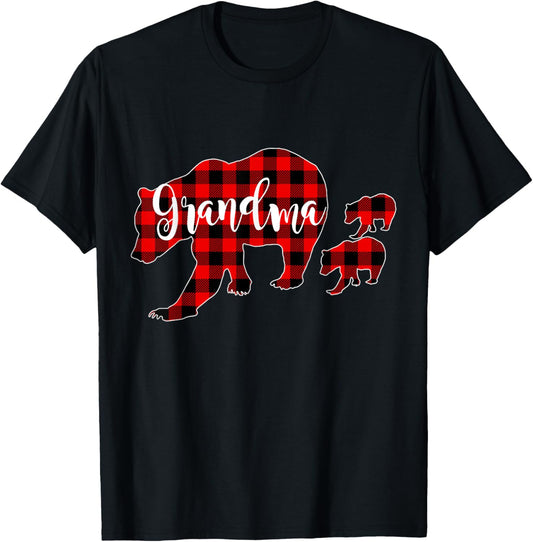 Grandma of 2 Girls Boys Xmas Matching Red Plaid Grandma Bear T-Shirt