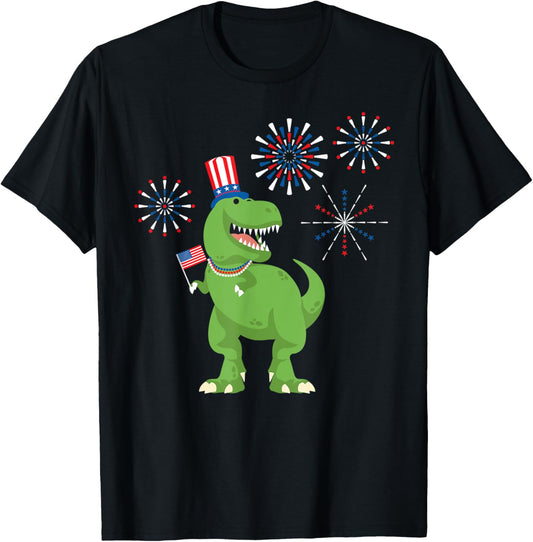 T Rex July 4th Cute Dinosaur Fireworks Patriotic T-Shirt for Women Kids Men