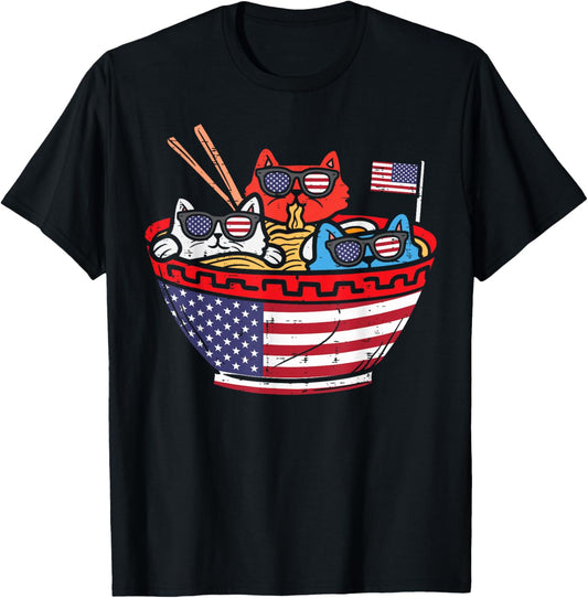 Cats Ramen Anime American Flag USA Funny 4th Of July Fourth T-Shirt