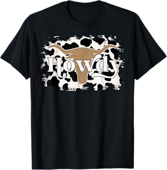 Vintage Retro Cowboy Cowgirl Howdy Bull Horn Cow Print T-Shirt