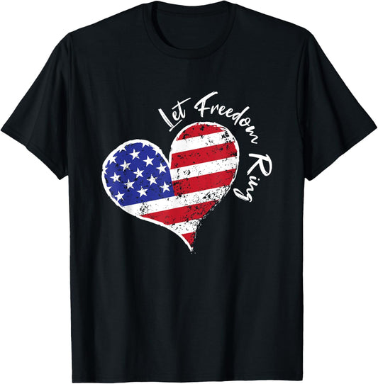 Let Freedom Ring Heart 4th of July Patriotic USA Flag Stars T-Shirt