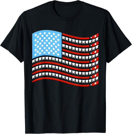 American USA Dental Flag Pediatric Dentist 4th Of July Tooth T-Shirt