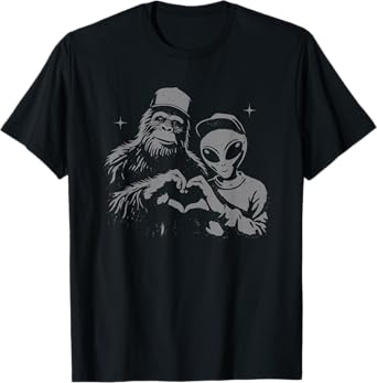 bigfoot and alien Sasquatch love hand sign T-Shirt