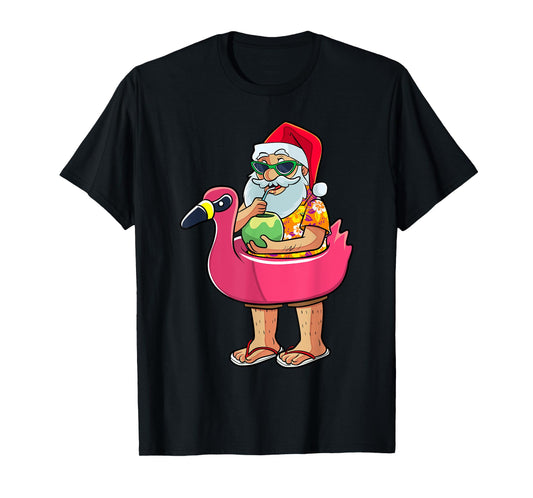 Christmas in July Funny Santa Flamingo Pool Float Summer Men T-Shirt