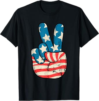 USA Flag Peace Sign Hand 4th of July Patriotic Men Boys T-Shirt