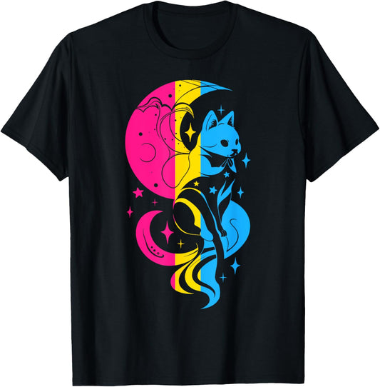 Pansexual Pride Cosmic Cat Moon LGBTQ Pan Flag Colors Art T-Shirt