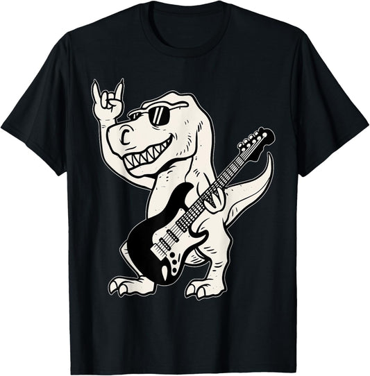 Funny Punk Band Rock Dinosaur Playing Guitar with Sunglasses T-Shirt