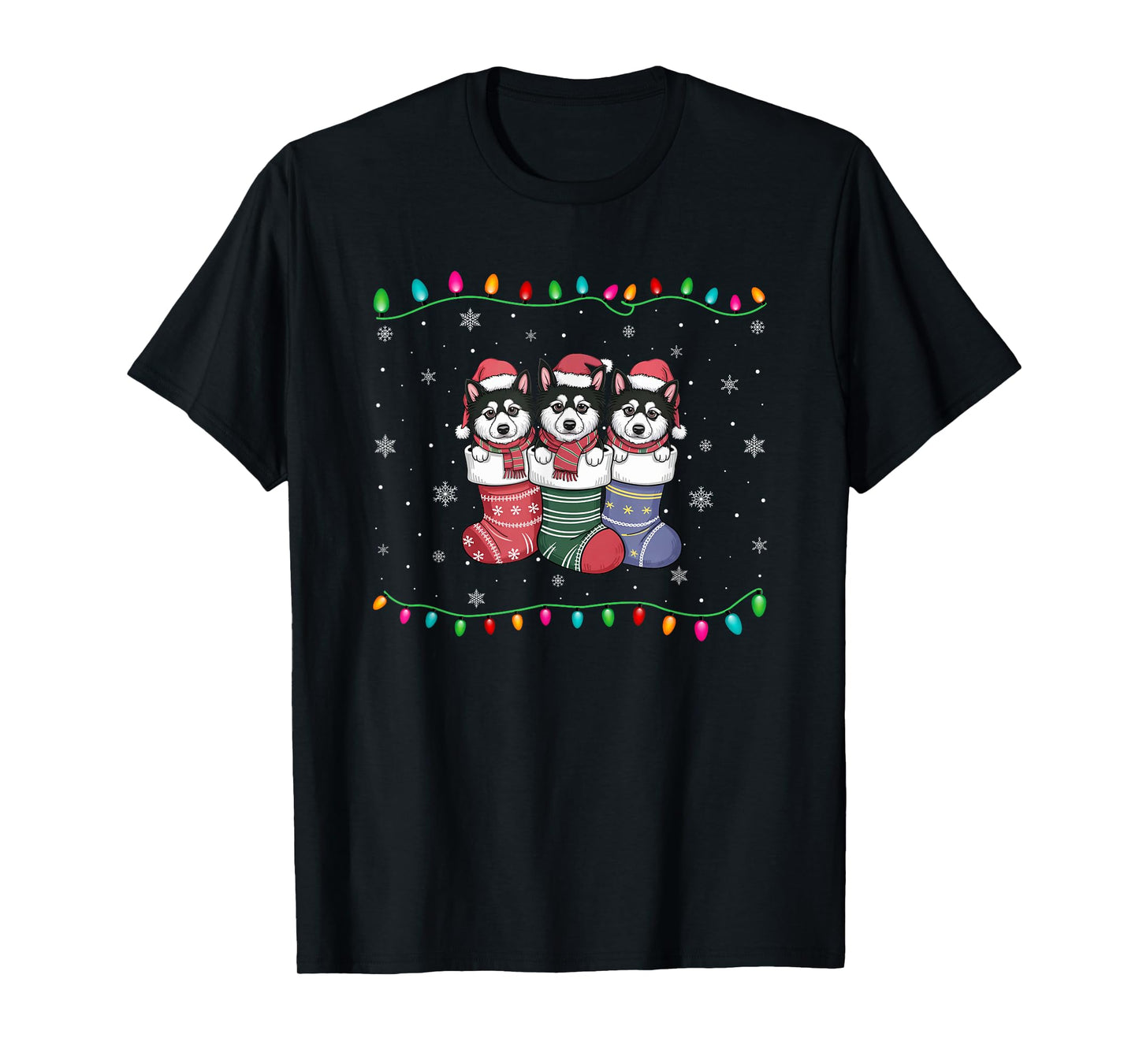 Xmas Tree Lights Alaskan Klee Kai Dog in Christmas Socks T-Shirt