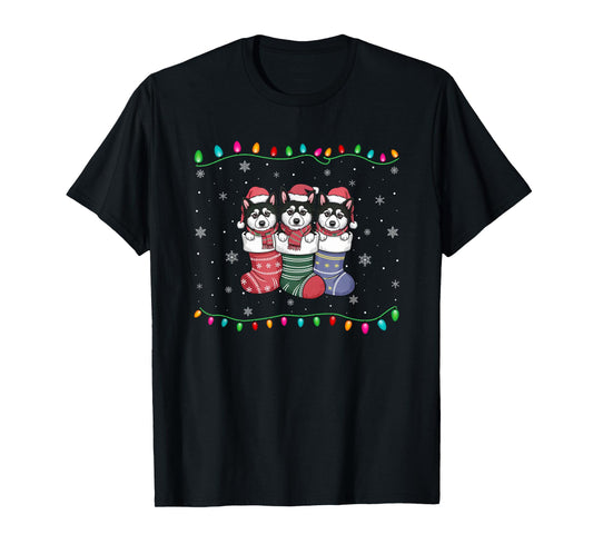 Xmas Tree Lights Alaskan Klee Kai Dog in Christmas Socks T-Shirt