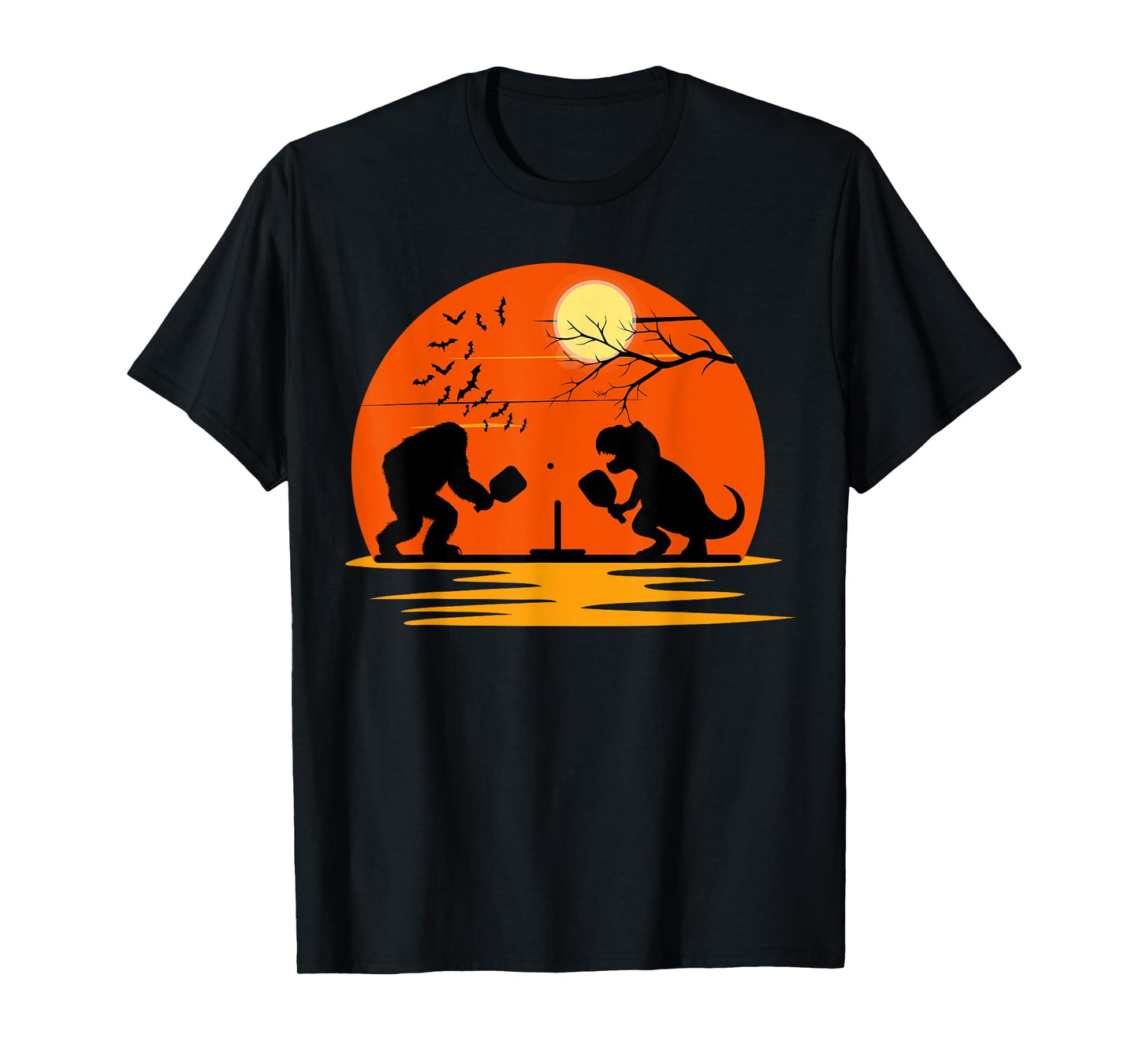 Bigfoot and T-Rex Playing Pickleball Halloween Sunset T-Shirt