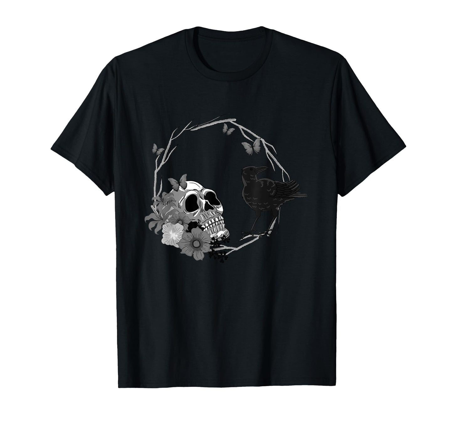 Floral Skull Death Crow Cool Scary Halloween Gothic Theme T-Shirt