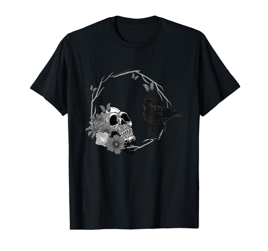 Floral Skull Death Crow Cool Scary Halloween Gothic Theme T-Shirt