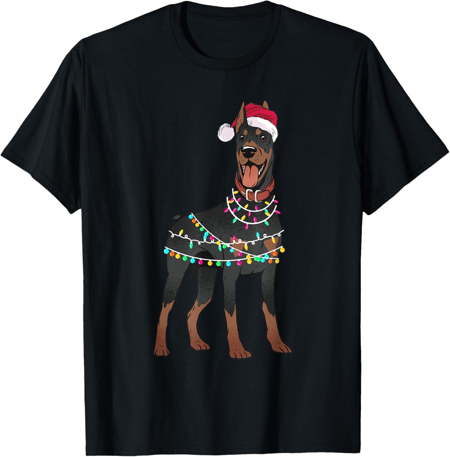Doberman Santa Christmas Lights Dog T-Shirt